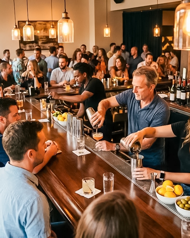 Bustling bar with bartenders serving customers